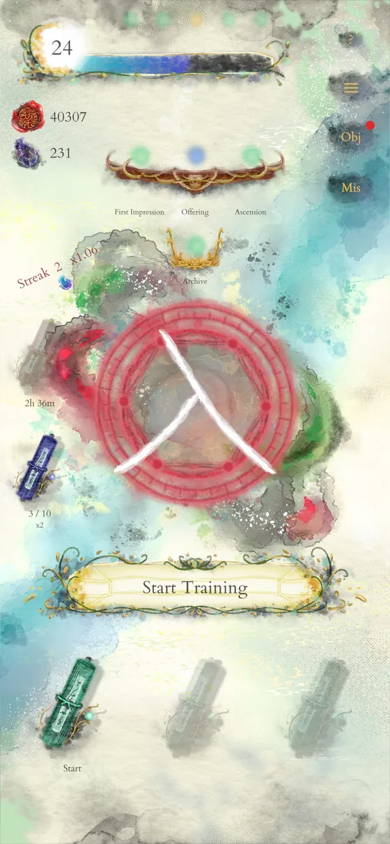 The home screen with the magic circle and the Start Training button