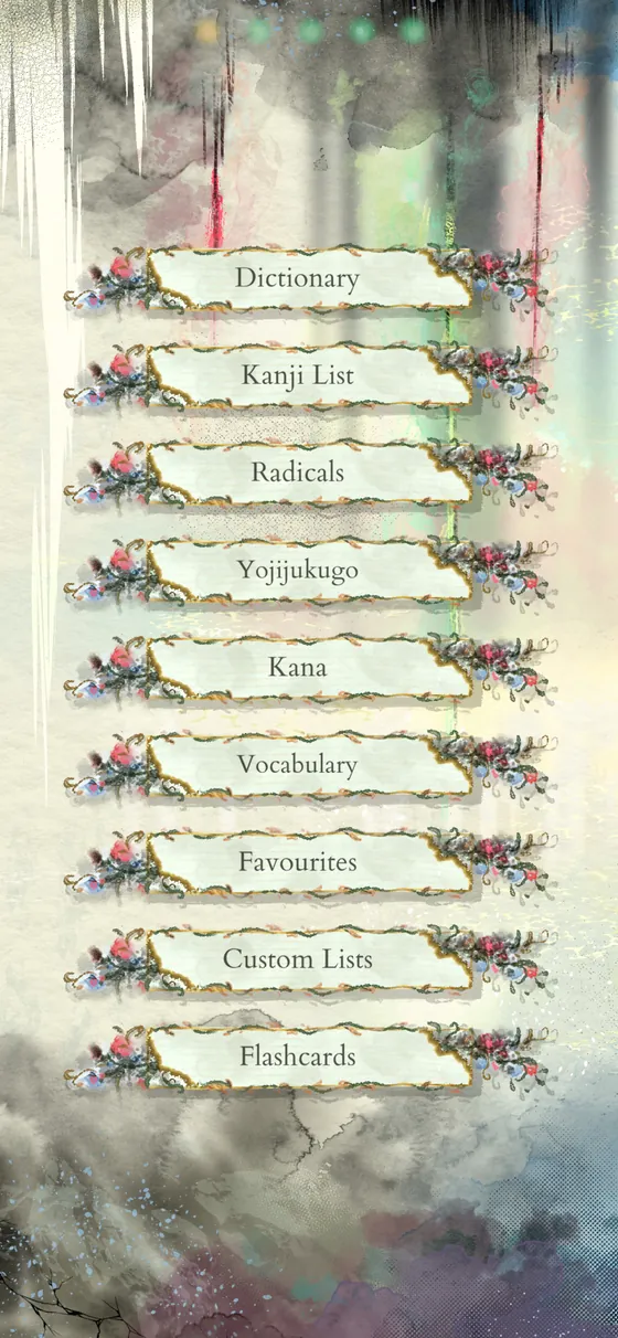 The library: dictionary, kanji list, radicals, yojijukugo, kana, vocabulary, favourites, custom lists, flashcards
